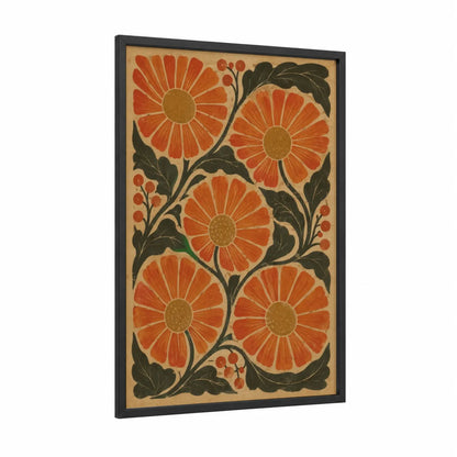 Vintage Floral Art Deco Wall Art framed flower print — black wood frame — orange and beige palette