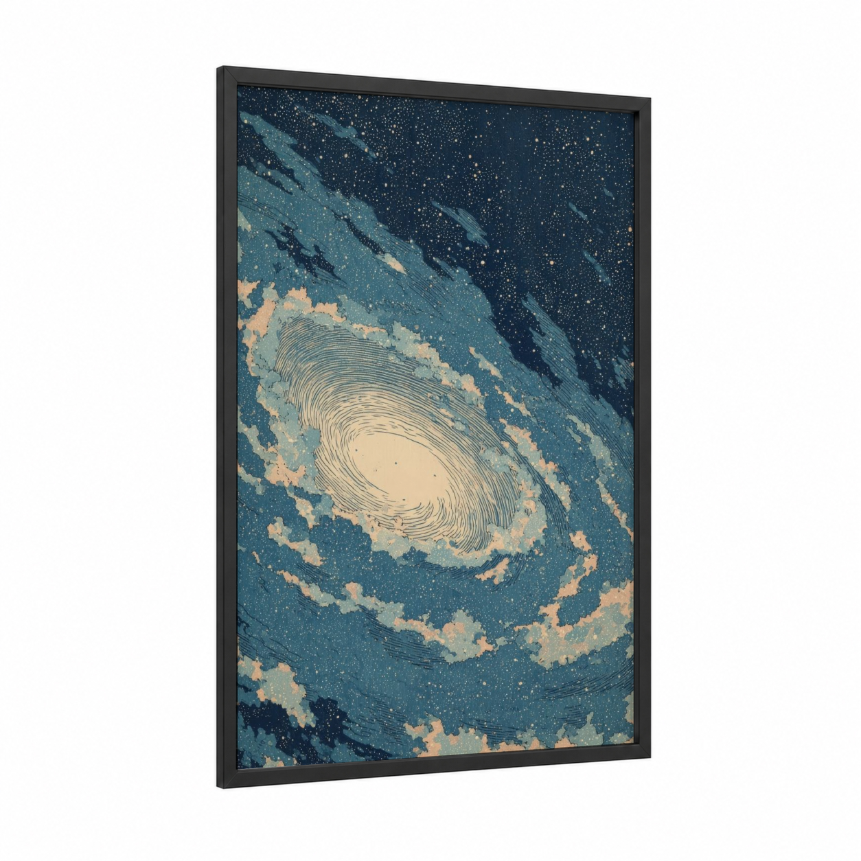 Cosmic Spiral Galaxy framed art print — black wood frame — teal and gold palette