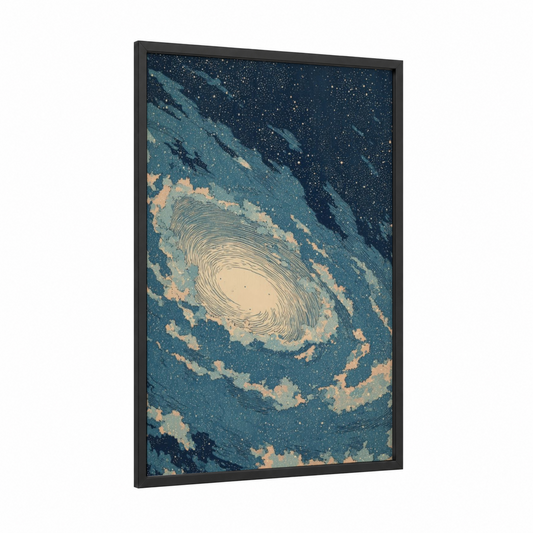 Cosmic Spiral Galaxy framed art print — black wood frame — teal and gold palette