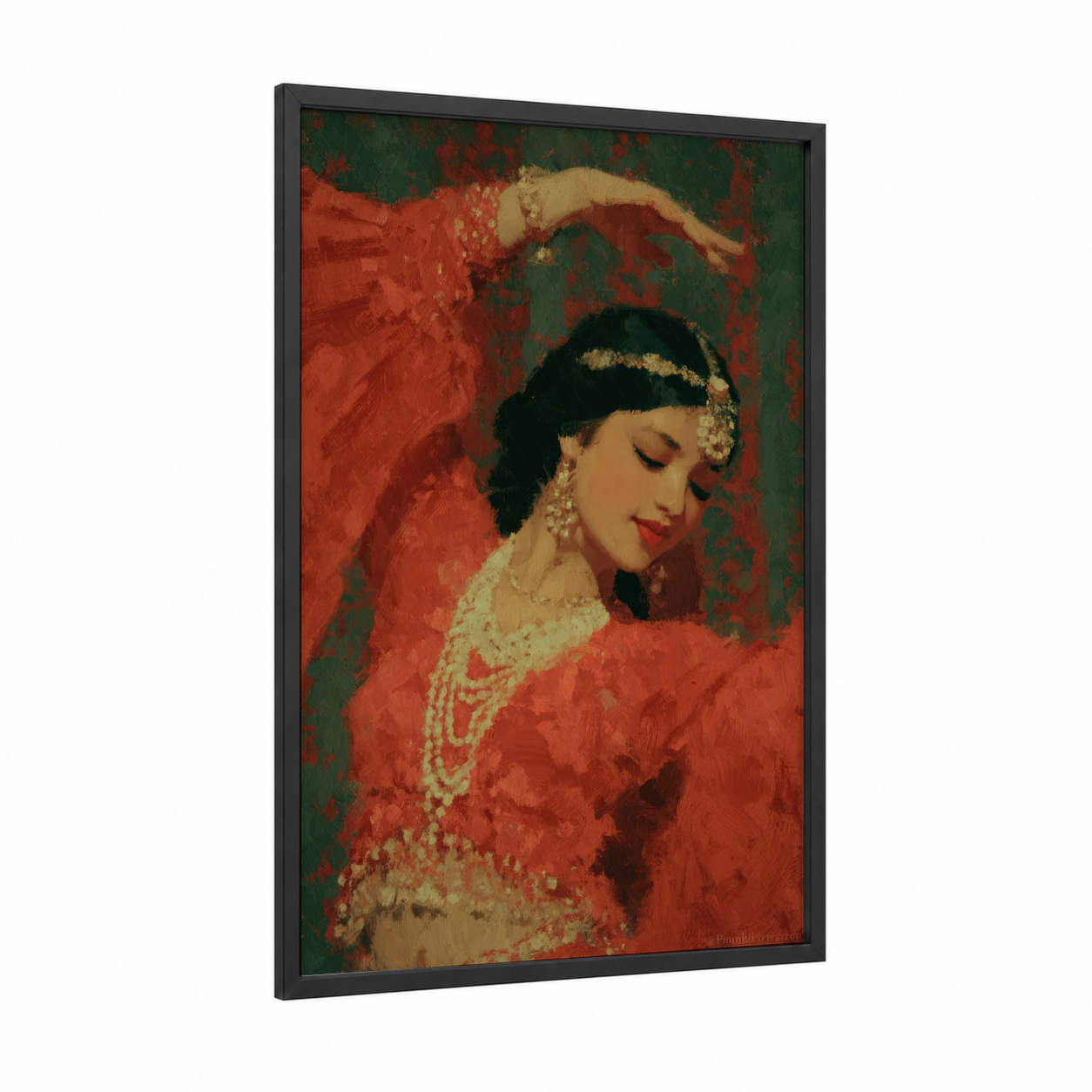 Crimson Dancer framed belly dance print — black wood frame — red and gold palette