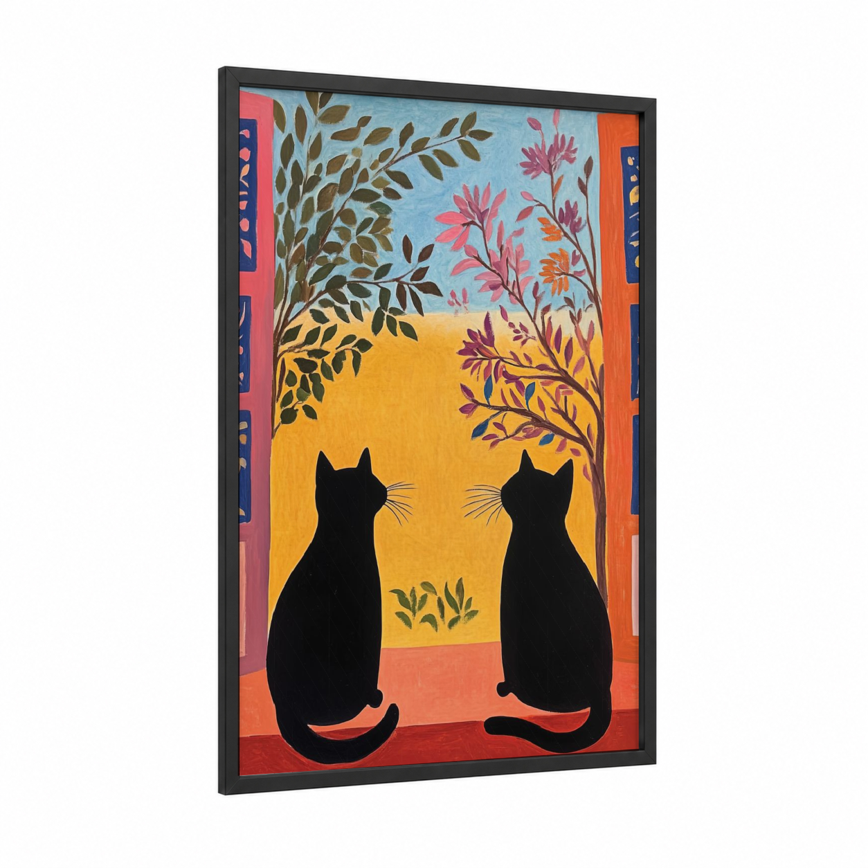 Sunset Cats Pair framed art print — black wood frame — gold and blue palette