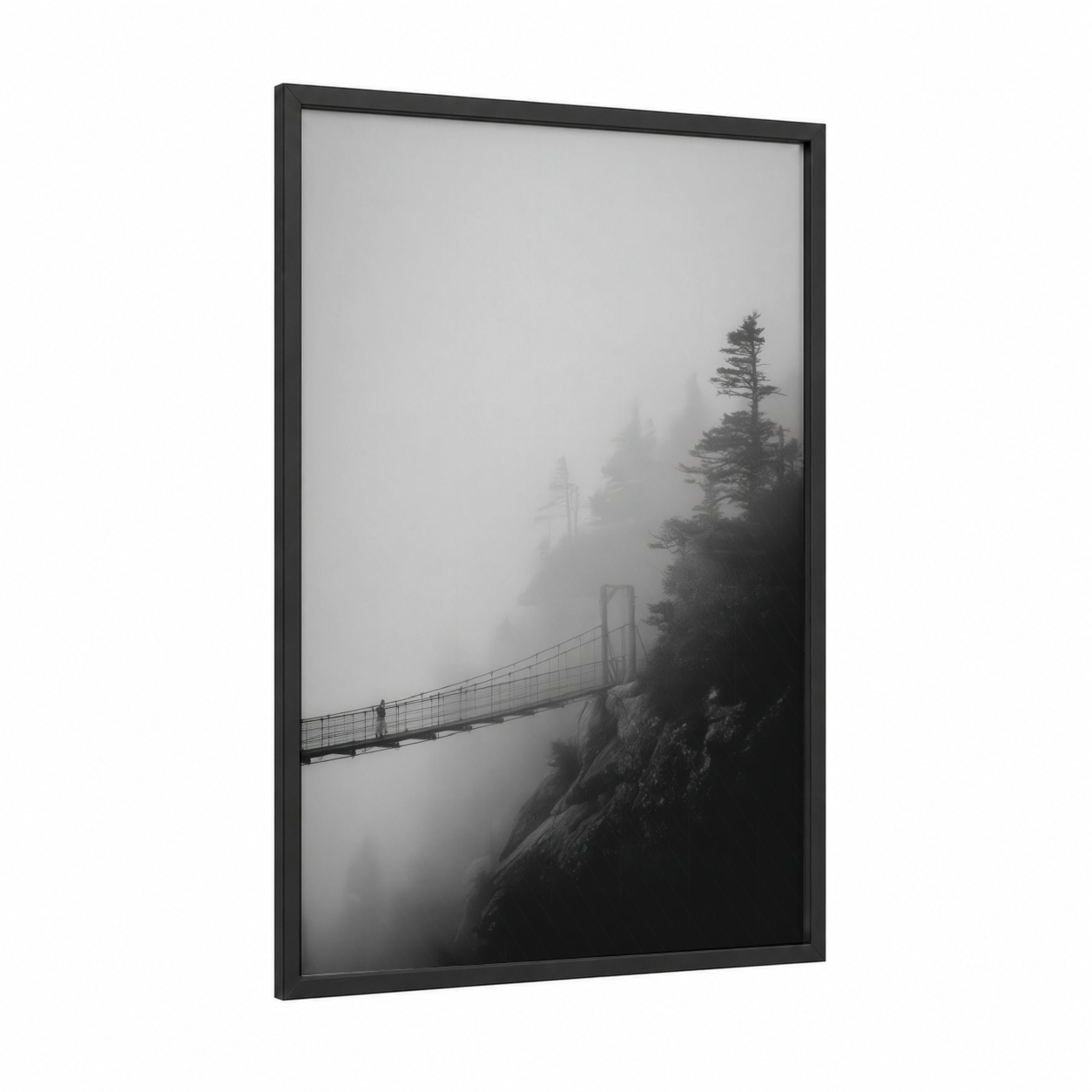 Misty Ridge Crossing framed blue ridge mountains print — black wood frame — black and white and gray palette