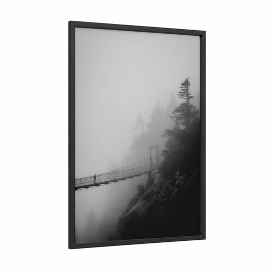 Misty Ridge Crossing framed blue ridge mountains print — black wood frame — black and white and gray palette