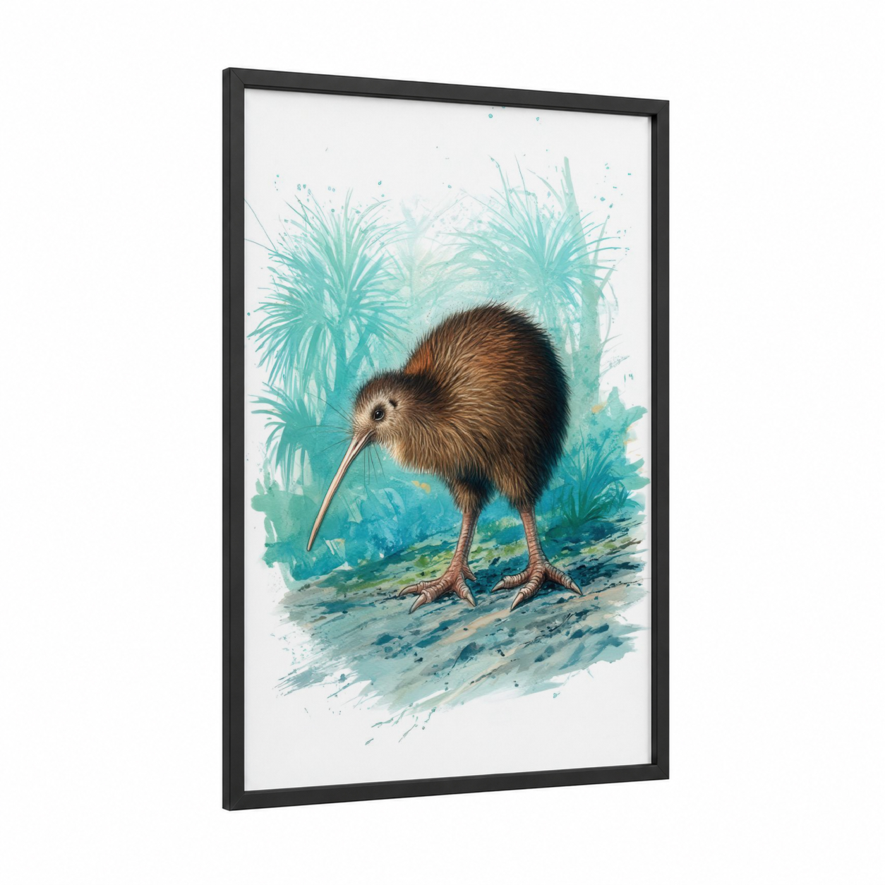Coastal Kiwi framed art print — black wood frame — teal and brown palette