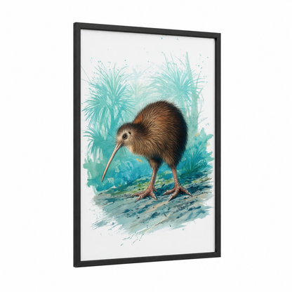 Coastal Kiwi framed art print — black wood frame — teal and brown palette