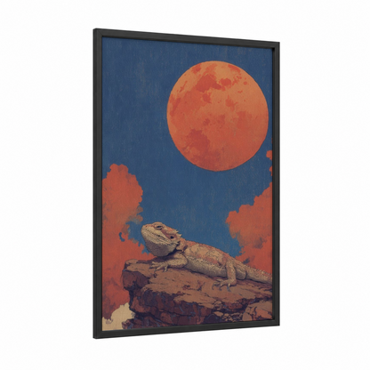 Crimson Moon Lizard framed art print — black wood frame — dark blue and red palette