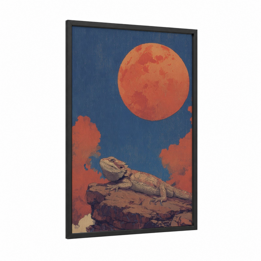 Crimson Moon Lizard framed art print — black wood frame — dark blue and red palette