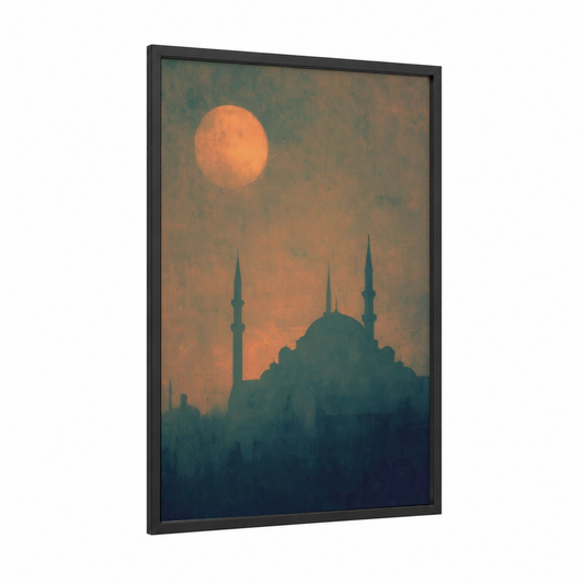 Moonlit Mosque framed art print — black wood frame — gold and teal palette
