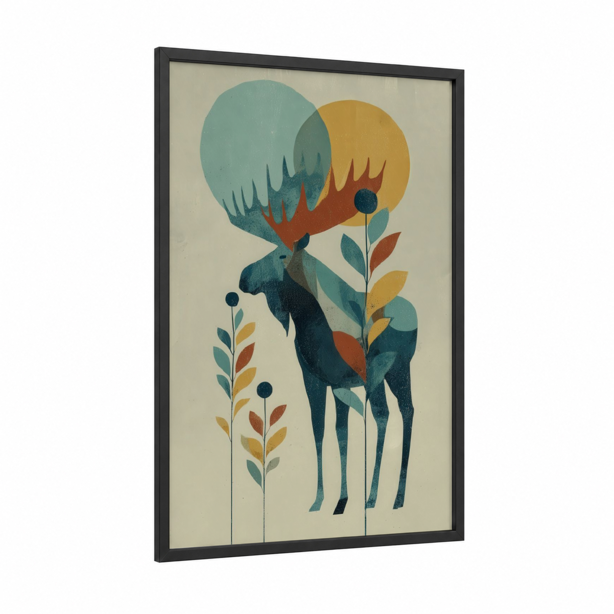 Majestic Moose framed art print — black wood frame — teal and mustard palette