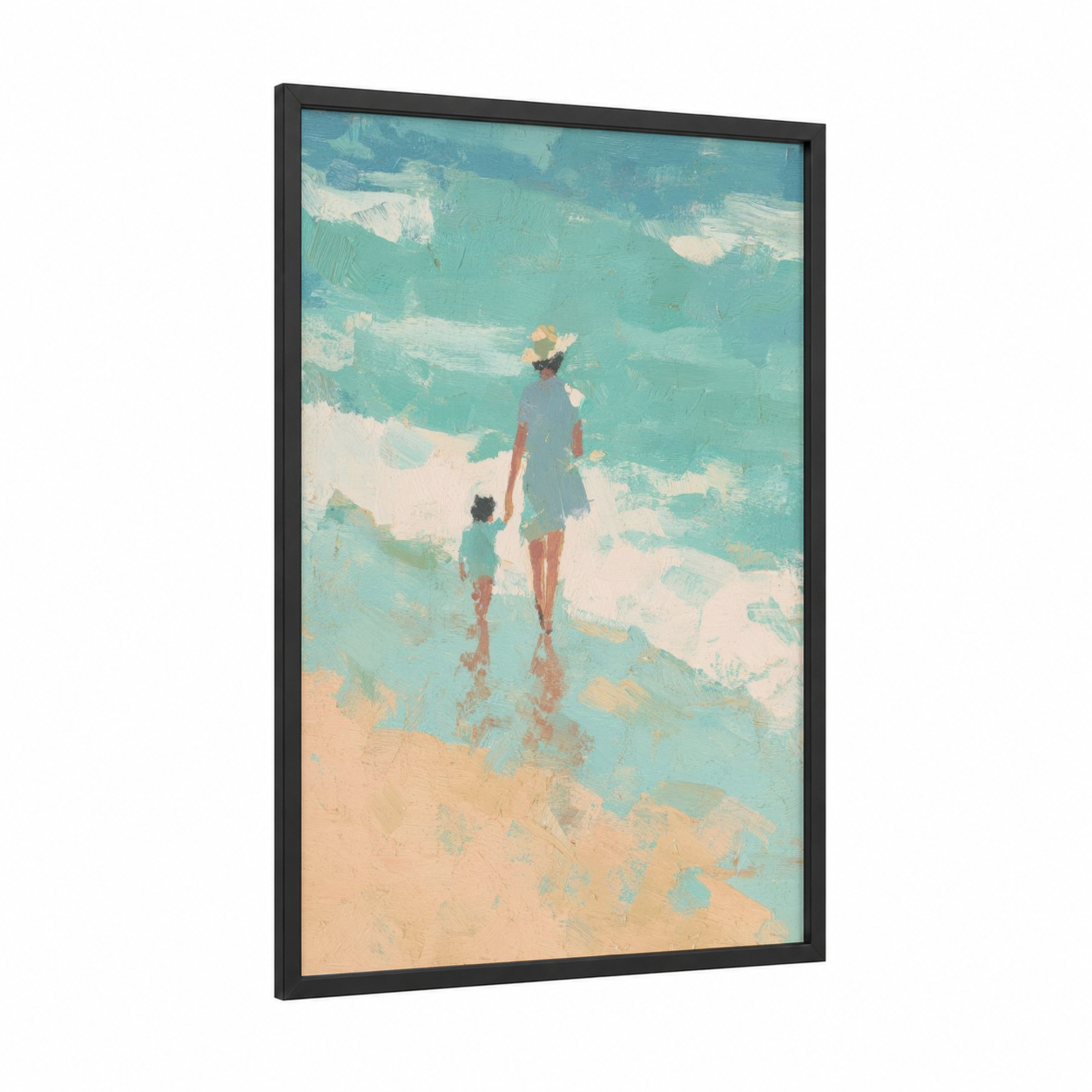 Seaside Moment framed mother's day print — black wood frame — turquoise and peach palette