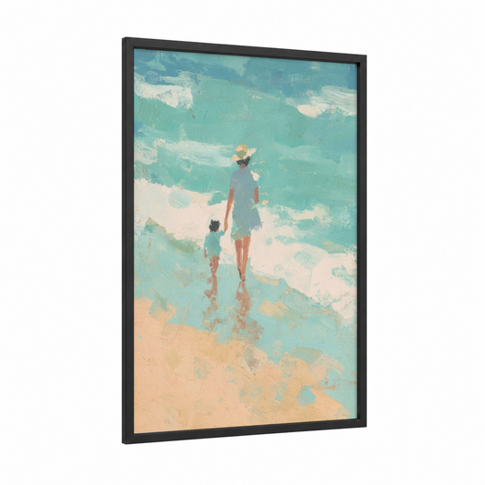 Seaside Moment framed mother's day print — black wood frame — turquoise and peach palette