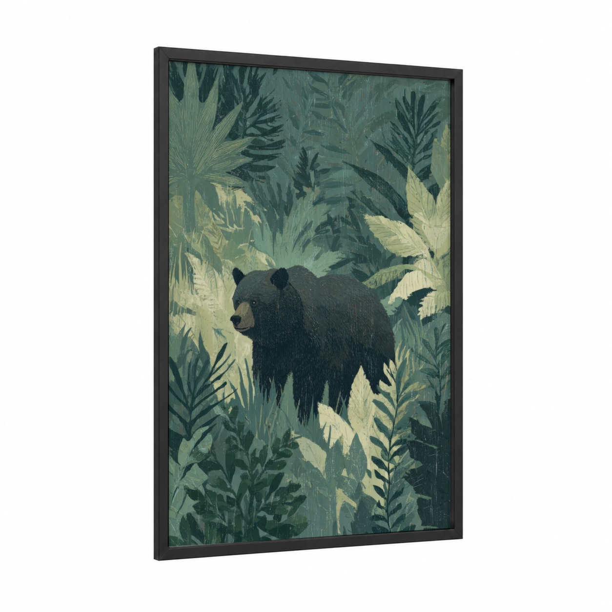 Forest Grizzly framed grizzly bear print — black wood frame — sage green and dark green palette