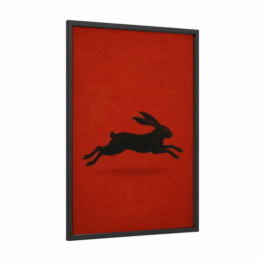 Black Rabbit Minimalist Wall Art framed art print — black wood frame — red and black palette