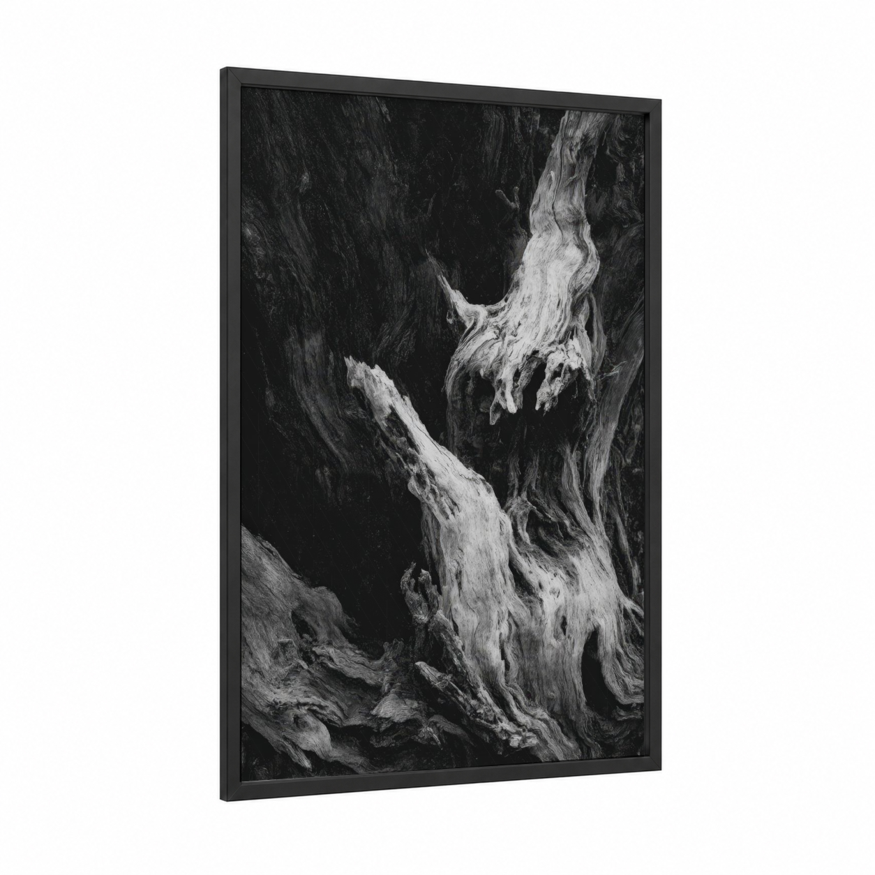 Ancient Olive Tree framed art print — black wood frame — black and white palette