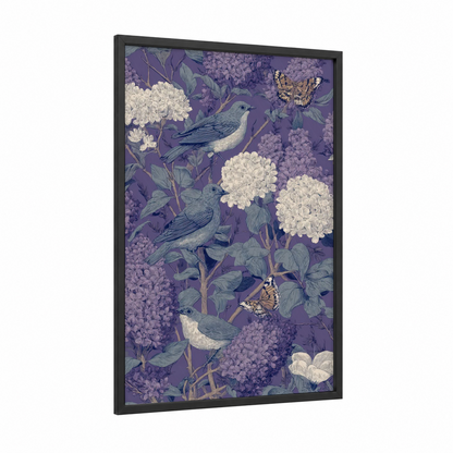Lilac Garden Birds framed art print — black wood frame — lavender and white palette