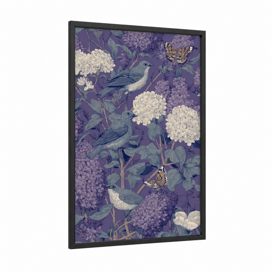 Lilac Garden Birds framed art print — black wood frame — lavender and white palette