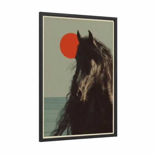 Crimson Sunset Friesian framed friesian horse print — black wood frame — red and sage green palette