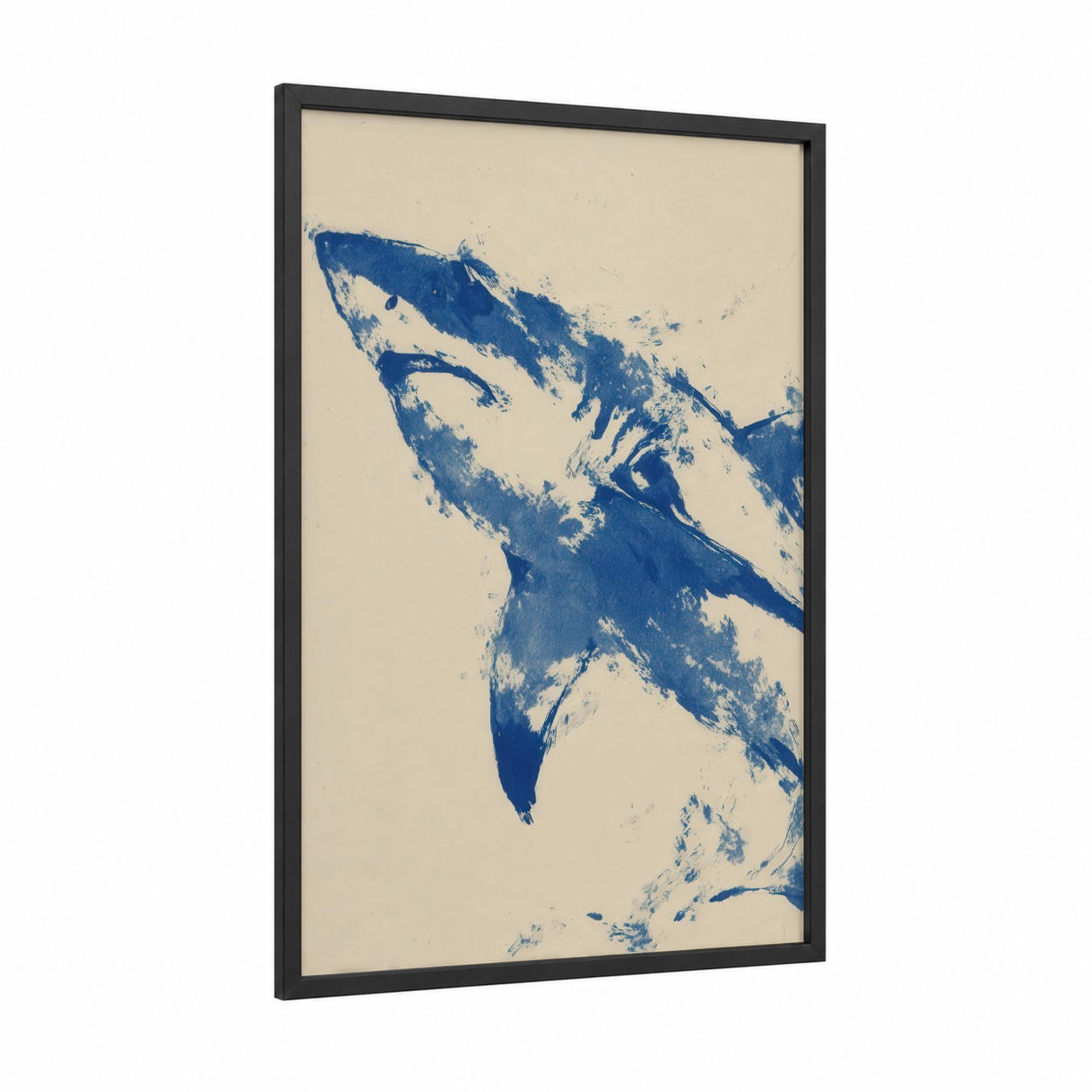 Blue Shark Abstract framed art print — black wood frame — blue and cream palette