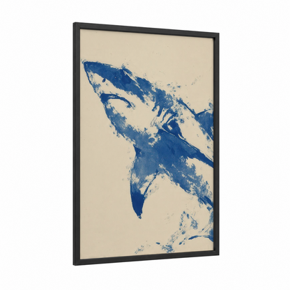 Blue Shark Abstract framed art print — black wood frame — blue and cream palette
