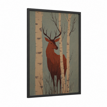Crimson Elk Forest framed art print — black wood frame — russet and sage green palette