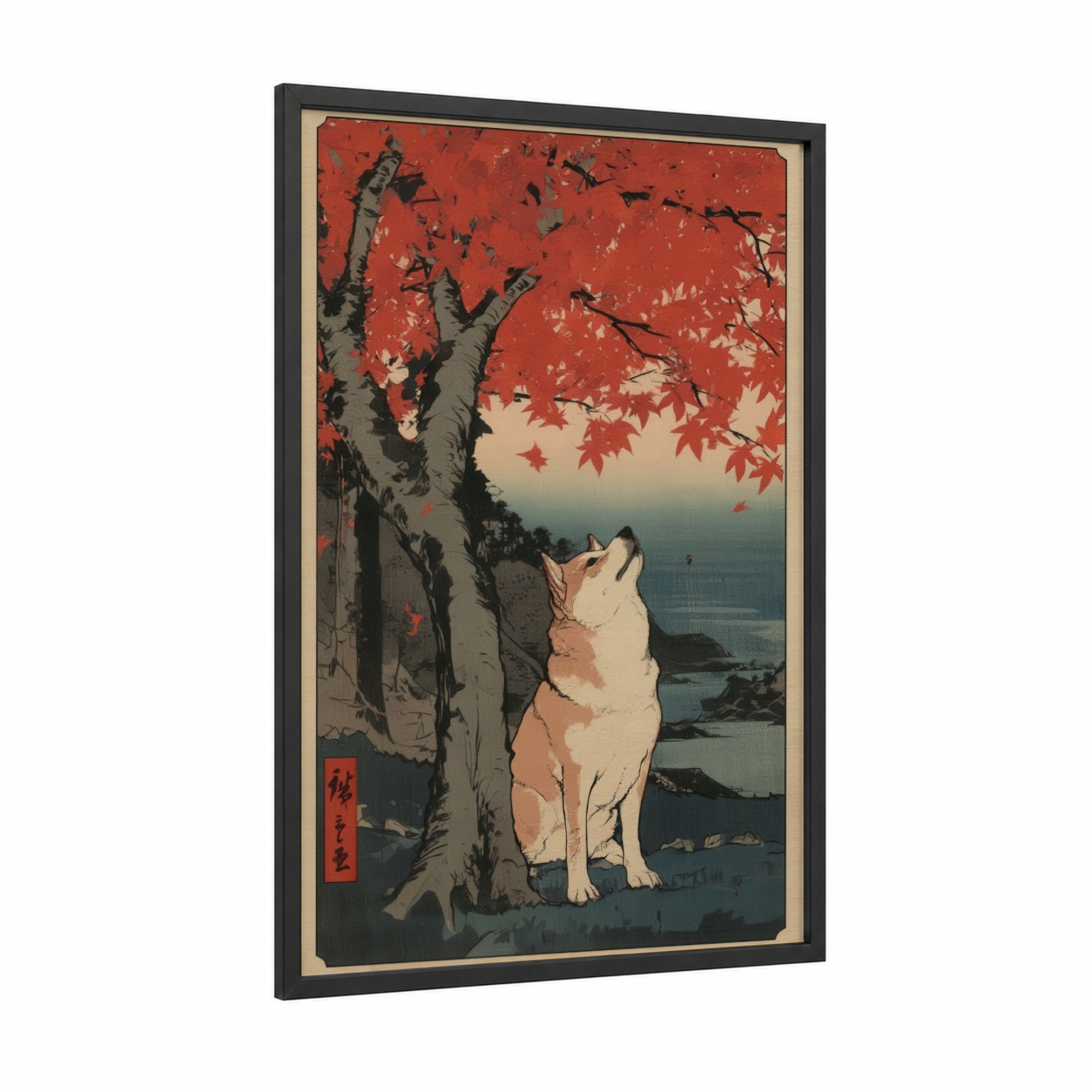 Autumn Spitz framed art print — black wood frame — red and blue and gray palette