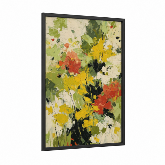 Spring Garden Abstraction framed art print — black wood frame — yellow gold and true green palette