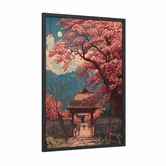 Cherry Blossom Temple framed cherry blossoms print — black wood frame — salmon pink and teal palette