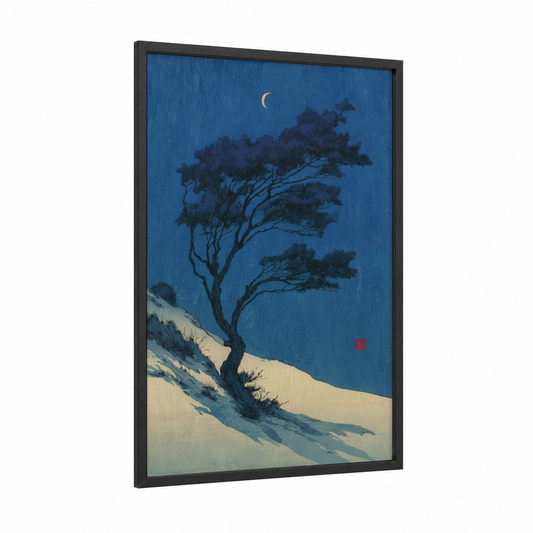 Windswept Desert Tree framed savanna and desert trees print — black wood frame — dark blue and cream palette