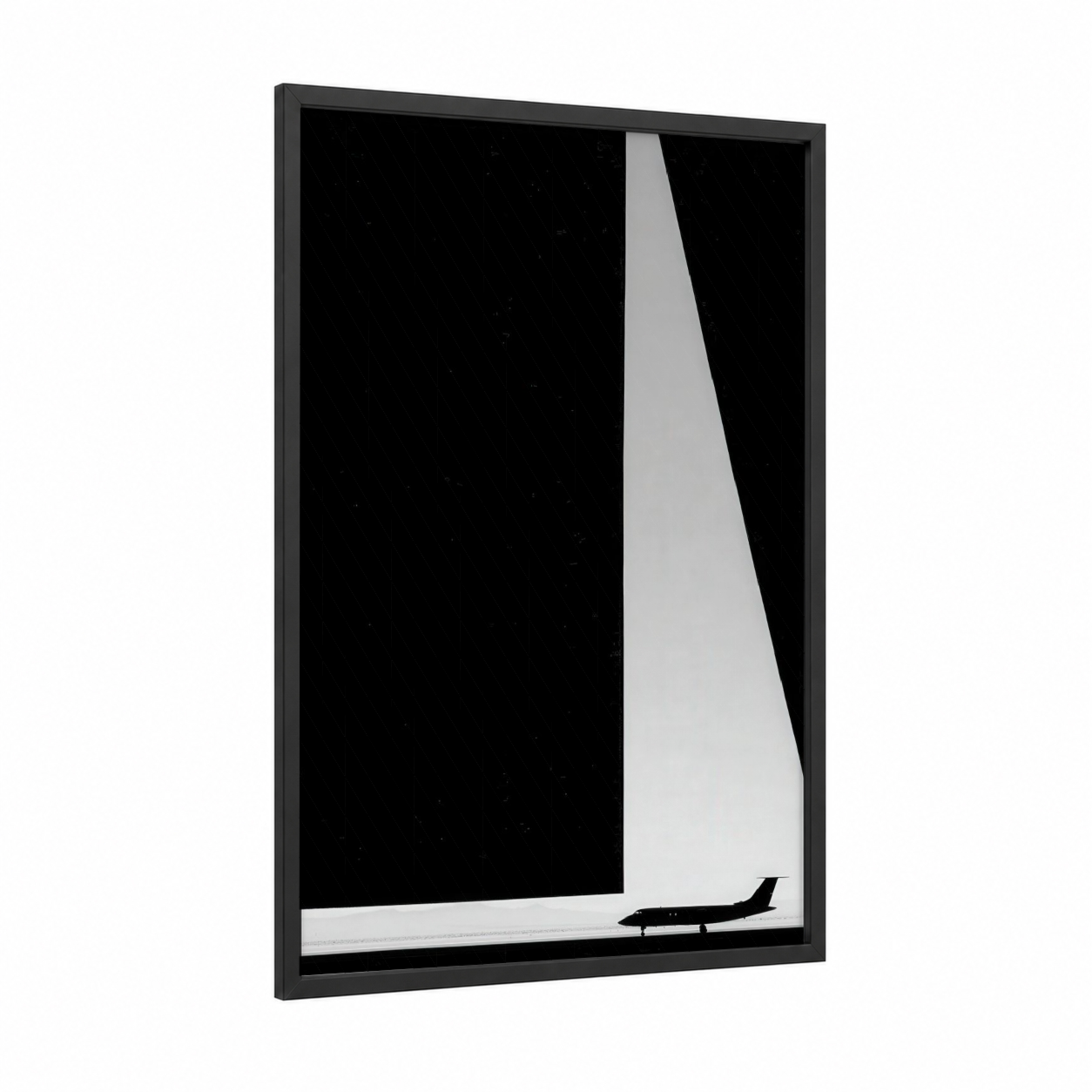 Sleek Jet Silhouette framed private jet print — black wood frame — black and white palette