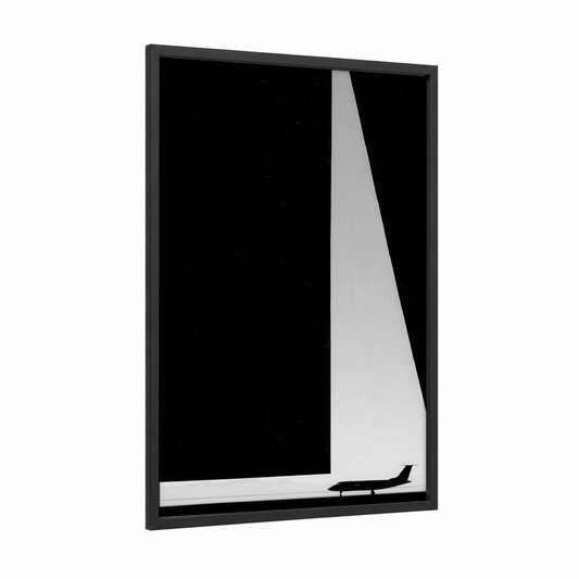Sleek Jet Silhouette framed private jet print — black wood frame — black and white palette