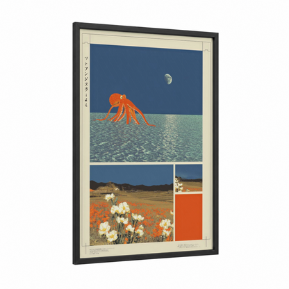 Moonlit Octopus framed japanese y2k print — black wood frame — dark blue and orange palette