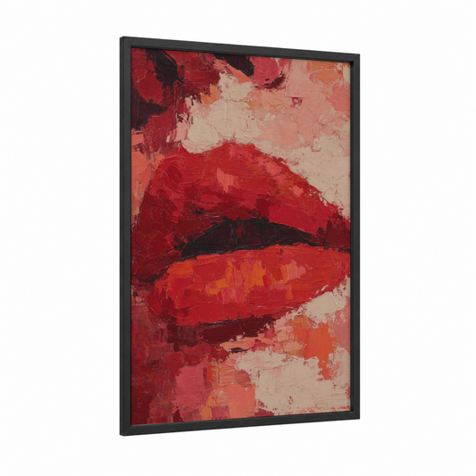 Crimson Lip Study framed art print — black wood frame — red and cream palette