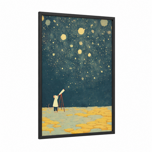 Stargazing Wonder framed space print — black wood frame — gold and teal and dark blue palette
