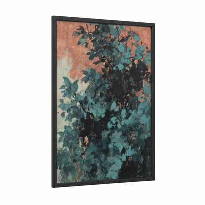 Teal Cedar Study framed cedar tree print — black wood frame — teal and russet palette