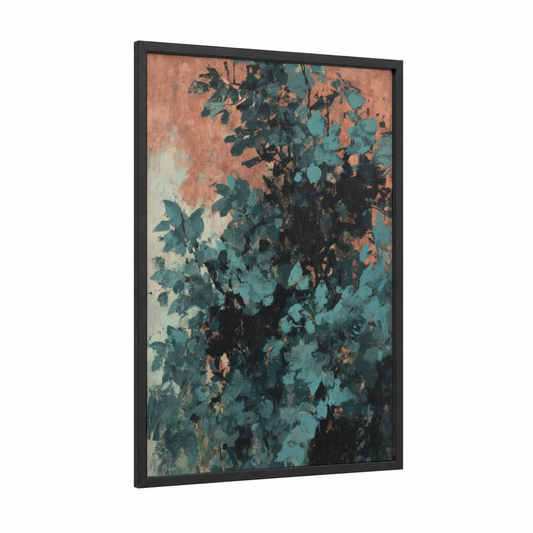 Teal Cedar Study framed cedar tree print — black wood frame — teal and russet palette