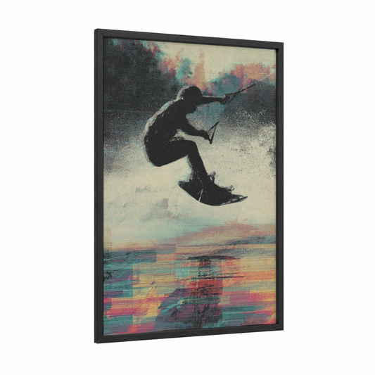 Airborne Wakeboarder framed wakeboarding print — black wood frame — teal and pink palette