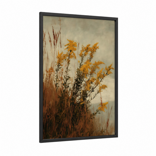 Golden Autumn Field framed flower field print — black wood frame — gold and beige palette
