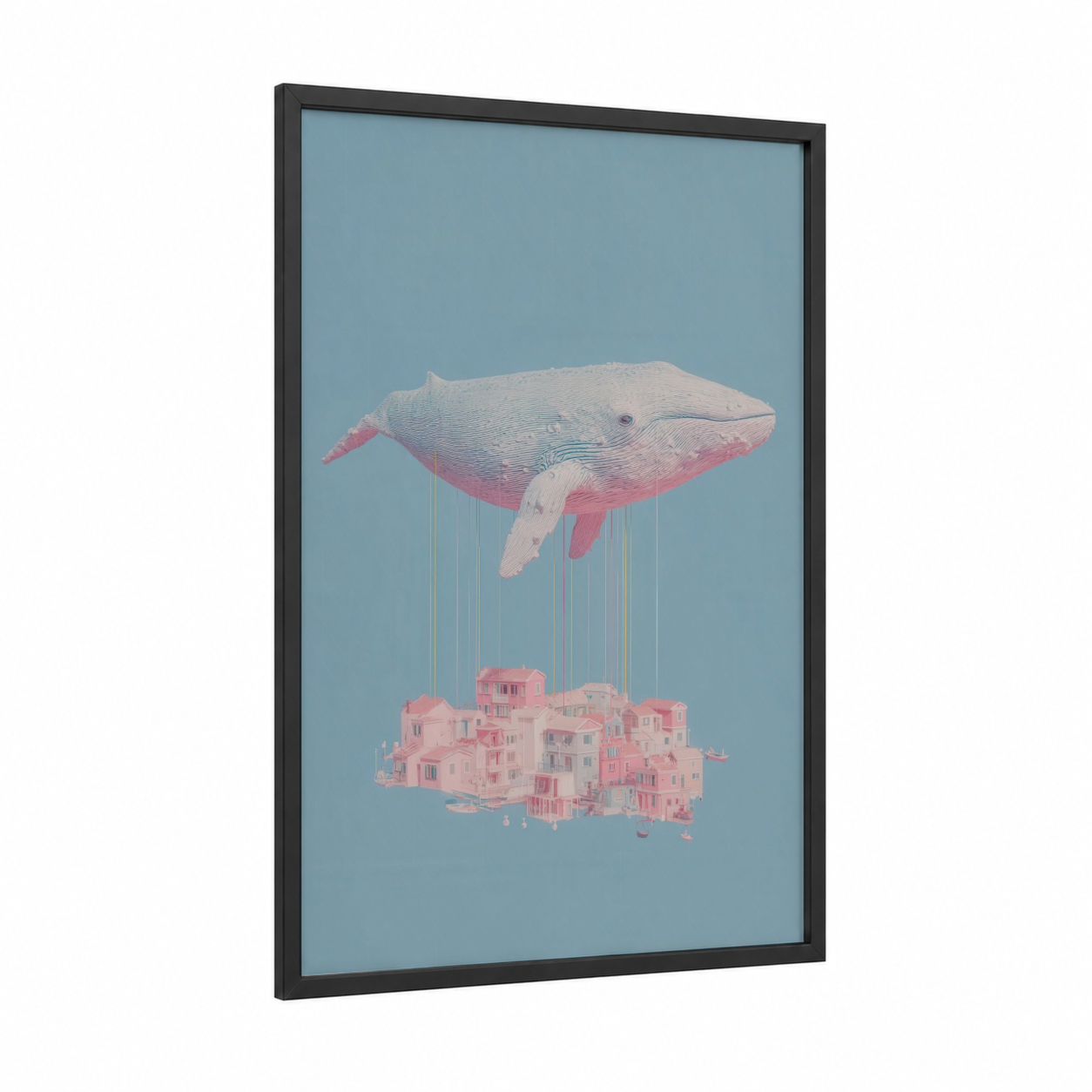 Floating Whale Dreams framed blue whale print — black wood frame — blue and white and pink palette