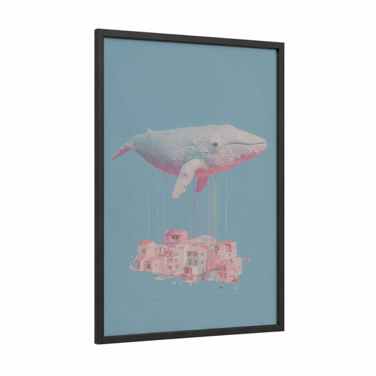 Floating Whale Dreams framed blue whale print — black wood frame — blue and white and pink palette