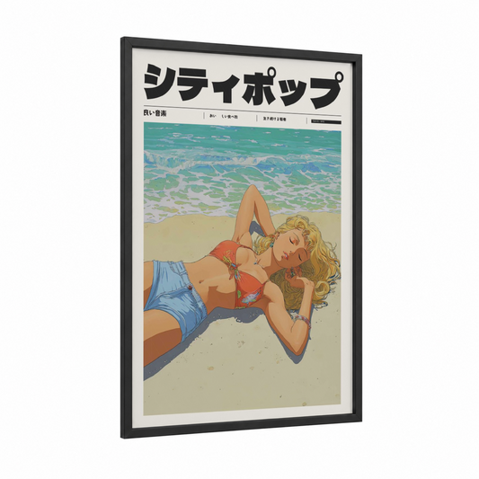Beachside Dreamer framed anime and manga print — black wood frame — turquoise and peach palette