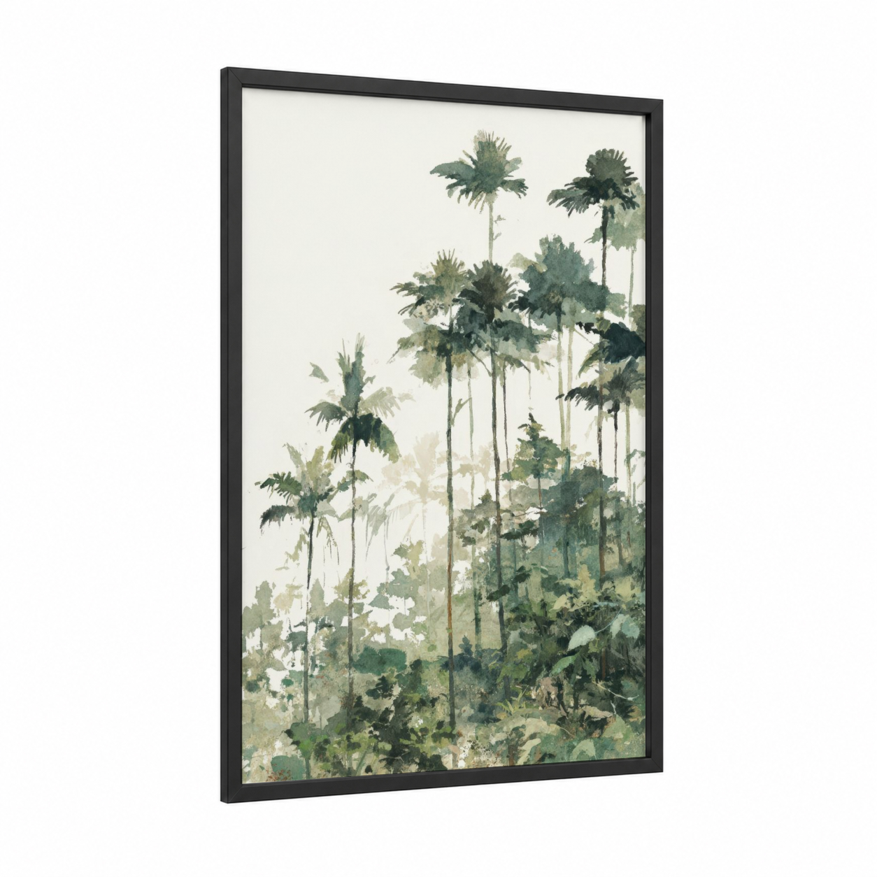 Misty Palm Forest framed art print — black wood frame — sage green and cream palette