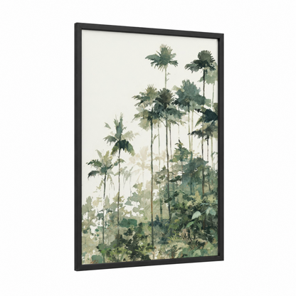 Misty Palm Forest framed art print — black wood frame — sage green and cream palette