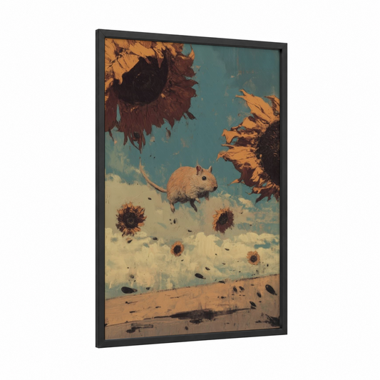 Surreal Gerbil framed art print — black wood frame — gold and teal palette