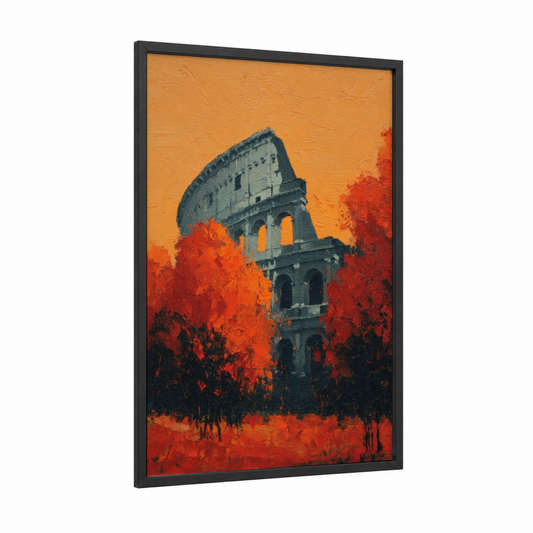 Crimson Colosseum framed art print — black wood frame — pumpkin and red palette