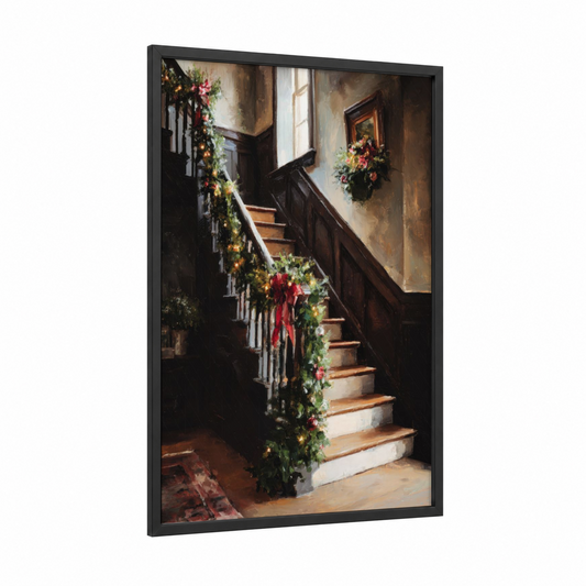 Festive Staircase framed art print — black wood frame — gold and red palette