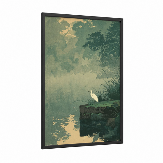 Serene Canal Heron framed art print — black wood frame — light green and champagne gold palette