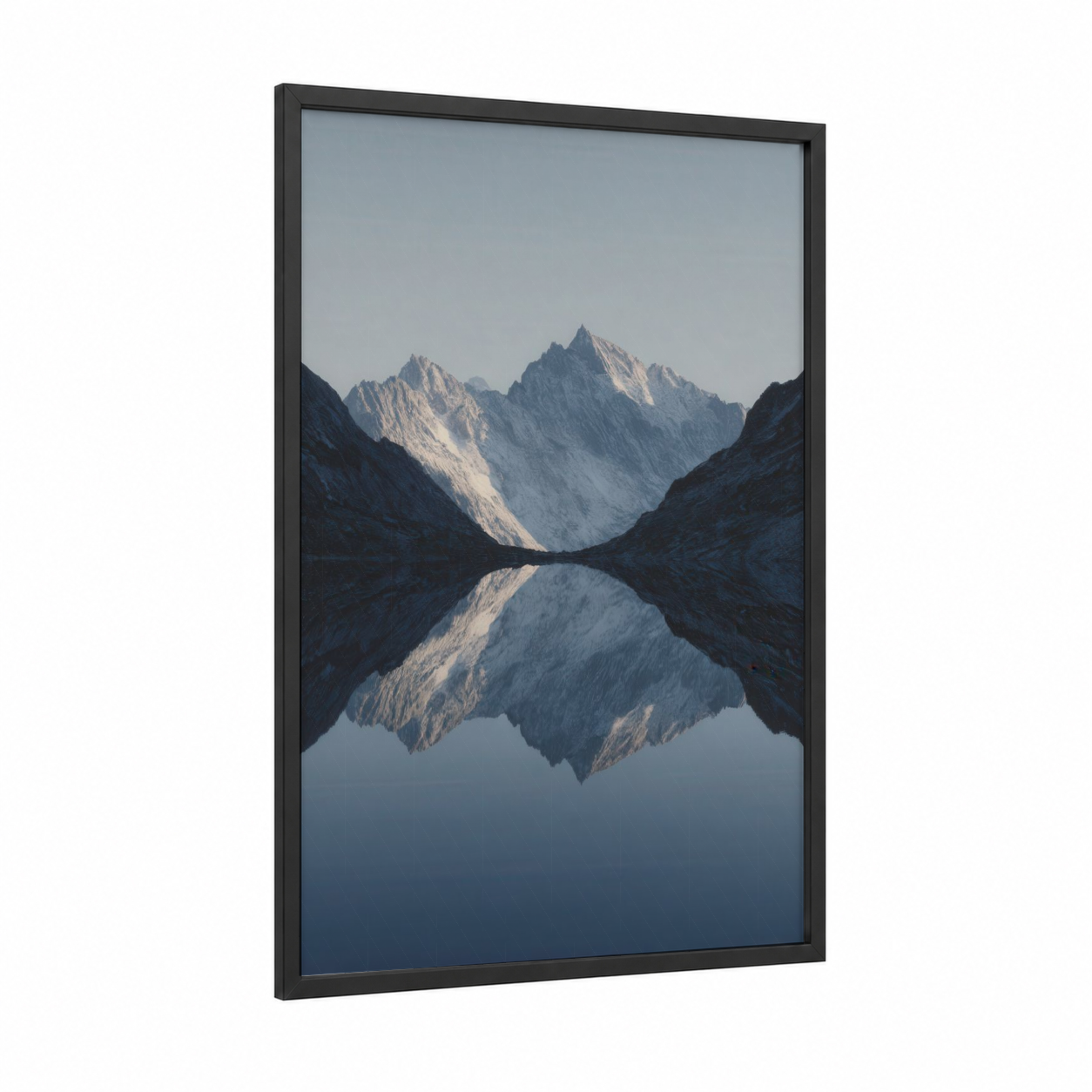 Alpine Mirror Lake framed glacier print — black wood frame — blue and white and dove gray palette