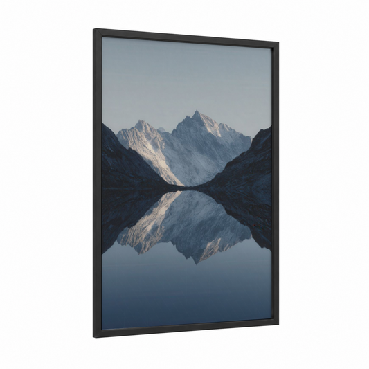 Alpine Mirror Lake framed glacier print — black wood frame — blue and white and dove gray palette