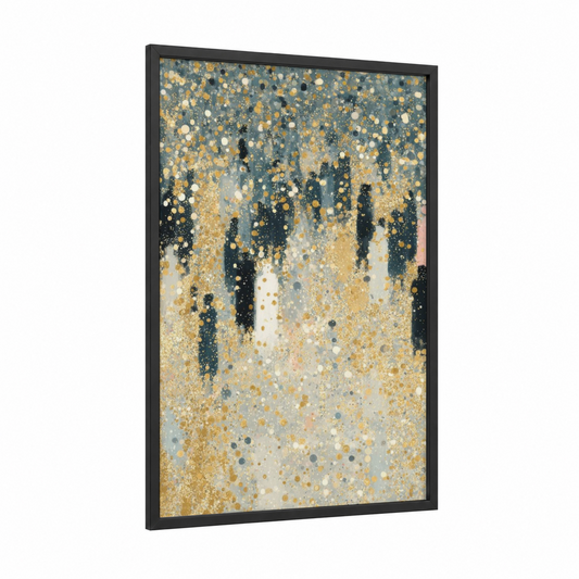 Midnight Celebration framed new years eve print — black wood frame — gold and blue and gold palette