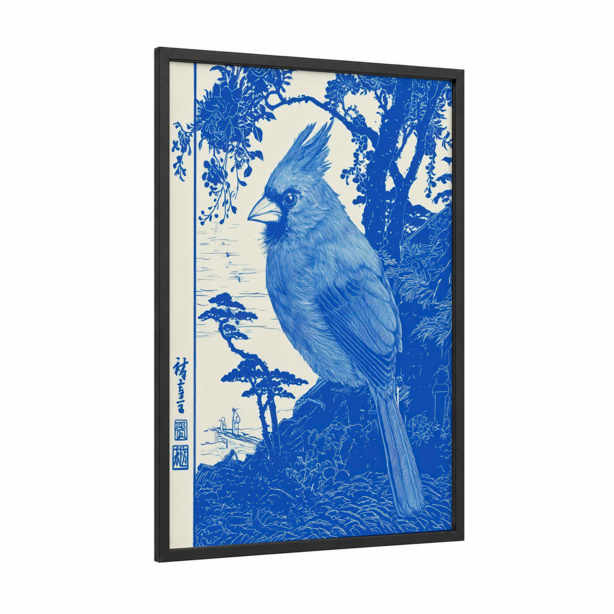Blue Cardinal Perch framed art print — black wood frame — blue and cream palette